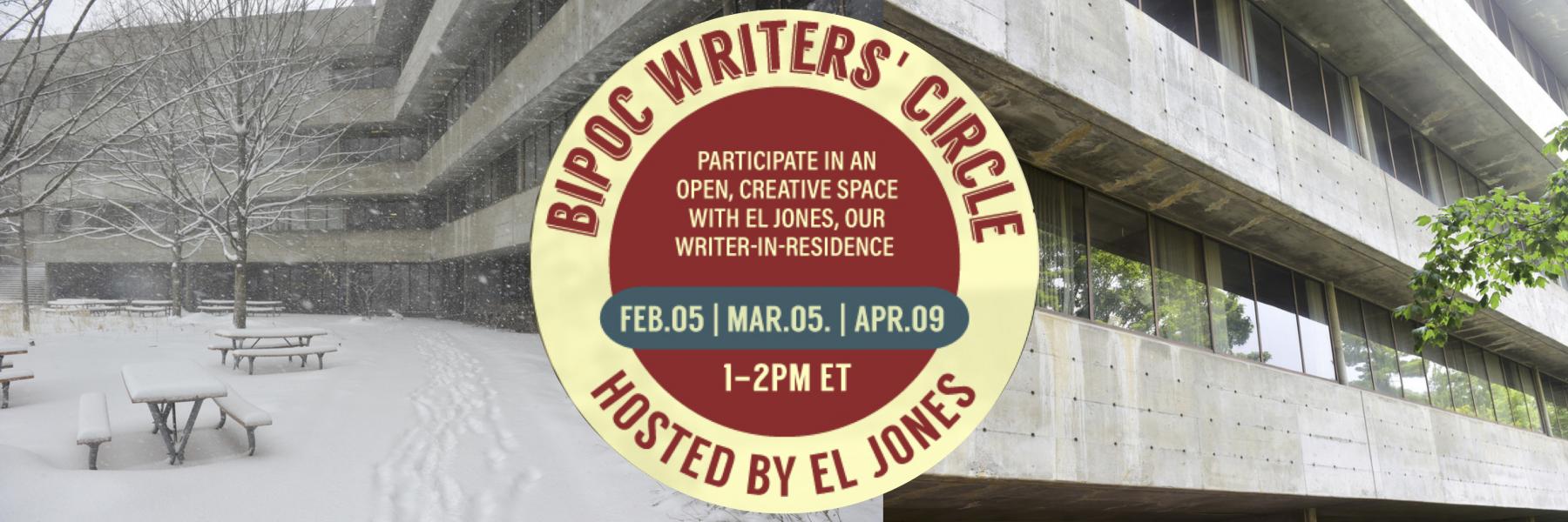 winter and spring views of the H-Wing from the valley trail: BIPOC writers' circle logo