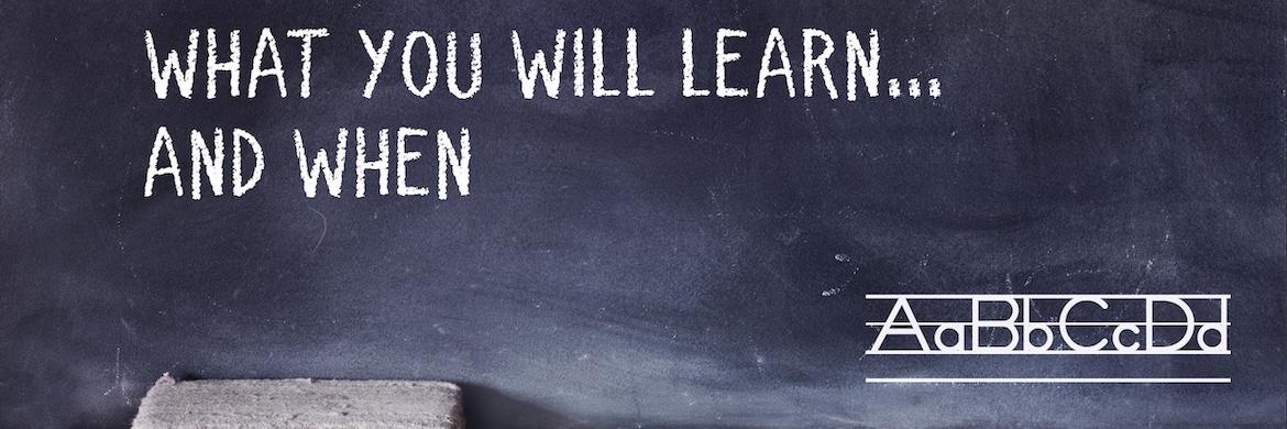 Chalkboard saying "what you will learn and when"
