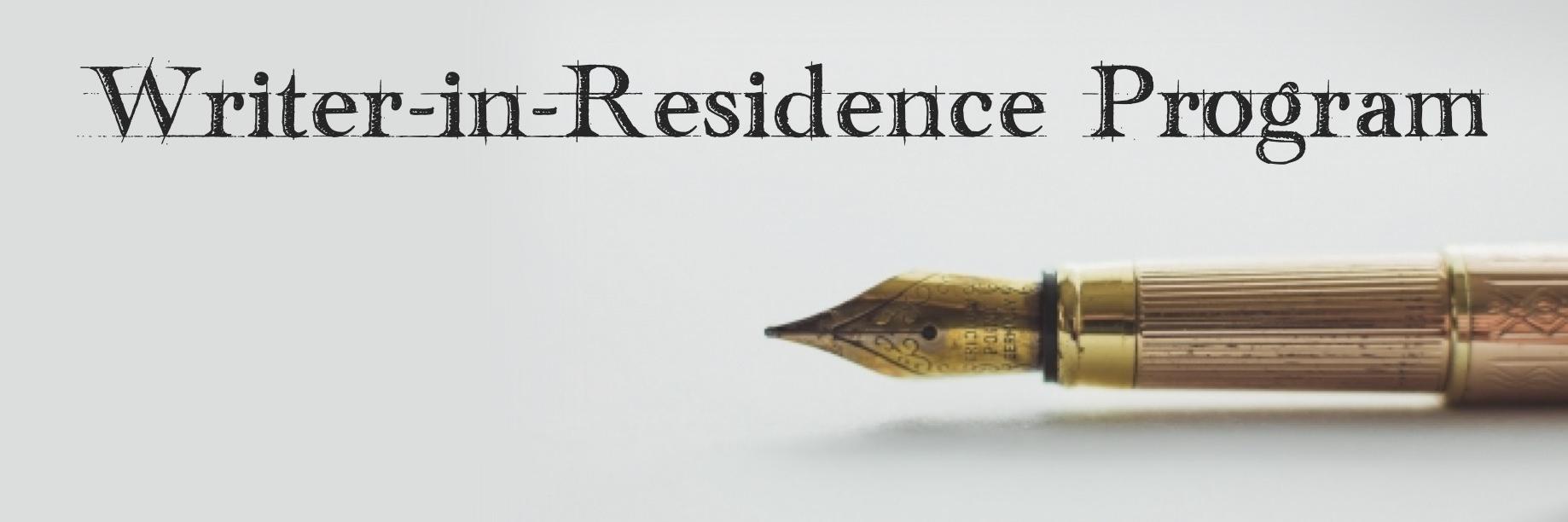"Writer In Residence" over a fancy-looking pen