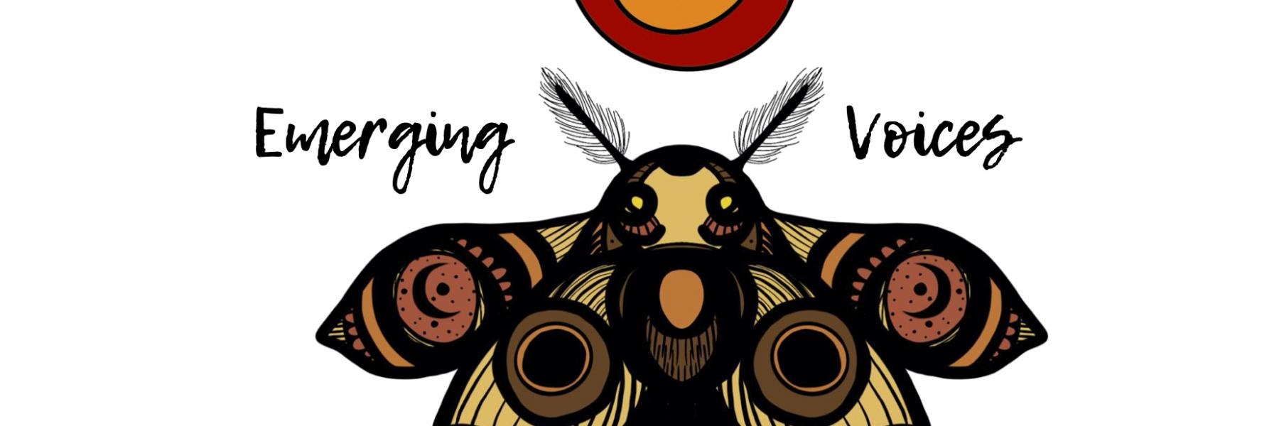 Emerging Voices 2020 logo: brown moth and red-orange moon (drawn by Paige C.)