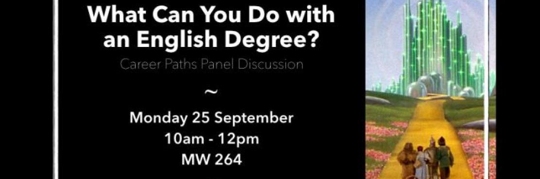 Join UTSC's English Dept for its career panel "What Can You Do with an English Degree" on Monday, 25 September 2017, from 10am - 12pm in MW264.. image of four characters walking arm in arm down a yellow road towards an emerald green city