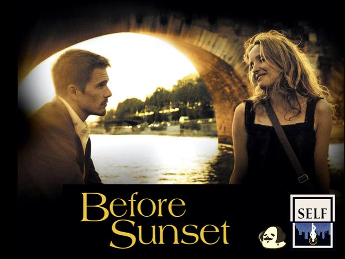 Poster image from Before Sunset: Ethan Hawke and Julie Delpy lit in gold, under a bridge