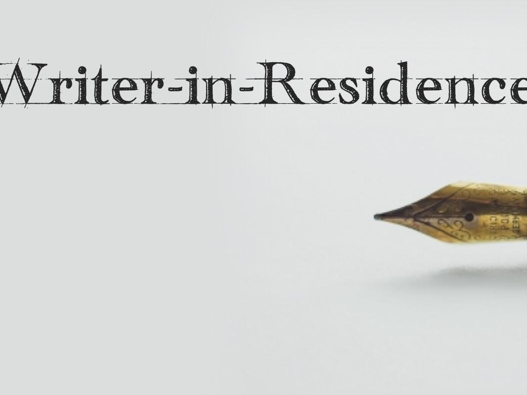 "Writer In Residence" over a fancy-looking pen