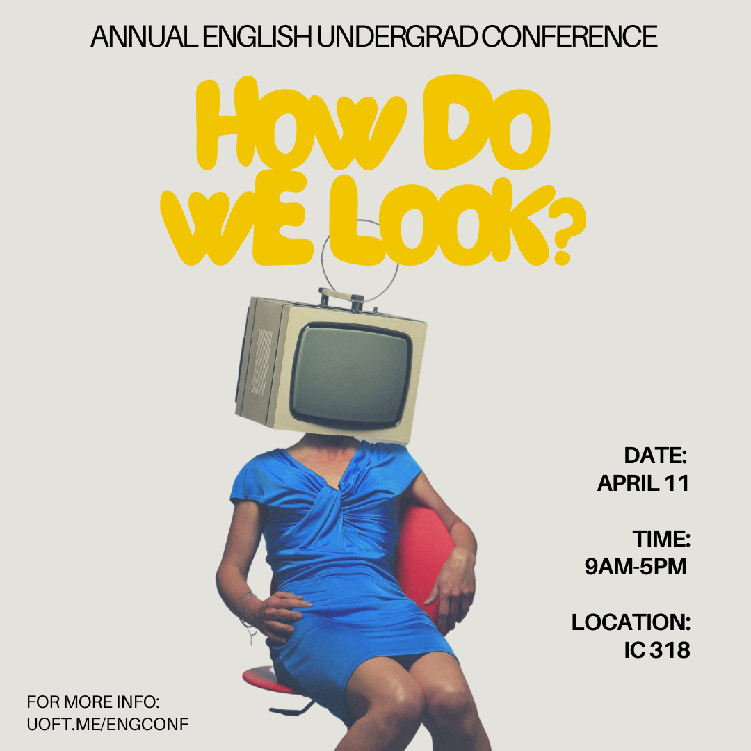 Conference promo poster: "HOW DO WE LOOK" in funky font, over the retro-feeling image of a woman in a blue dress, leaning in a red chair, with a 1970s-style TV for a head