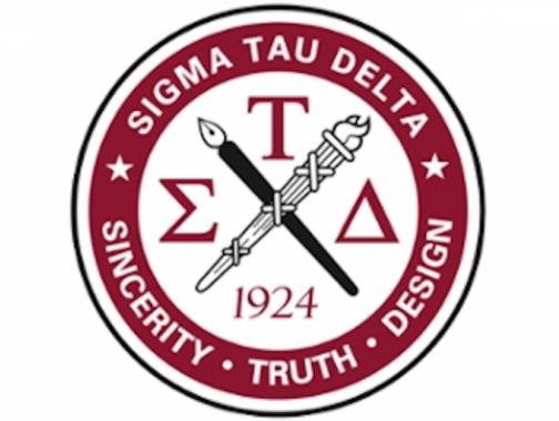 Sigma tau delta logo: red and white with crossed pen & torch, "sincerity truth design"