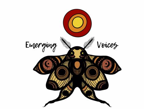 Emerging Voices 2020 logo: brown moth and red-orange moon (drawn by Paige C.)
