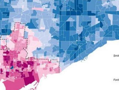 Toronto map showing voter distribution between Ford and Smitherman