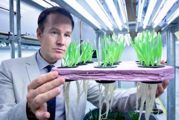 Man holding plants in a lab