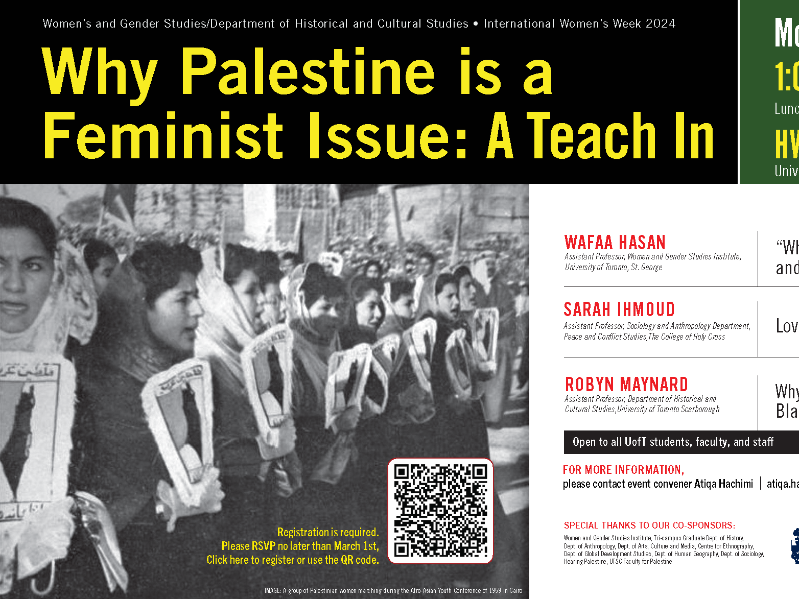 Poster for Why Palestine is a Feminist Issue Teach In Event featuring a list of the event speakers, date, time and location