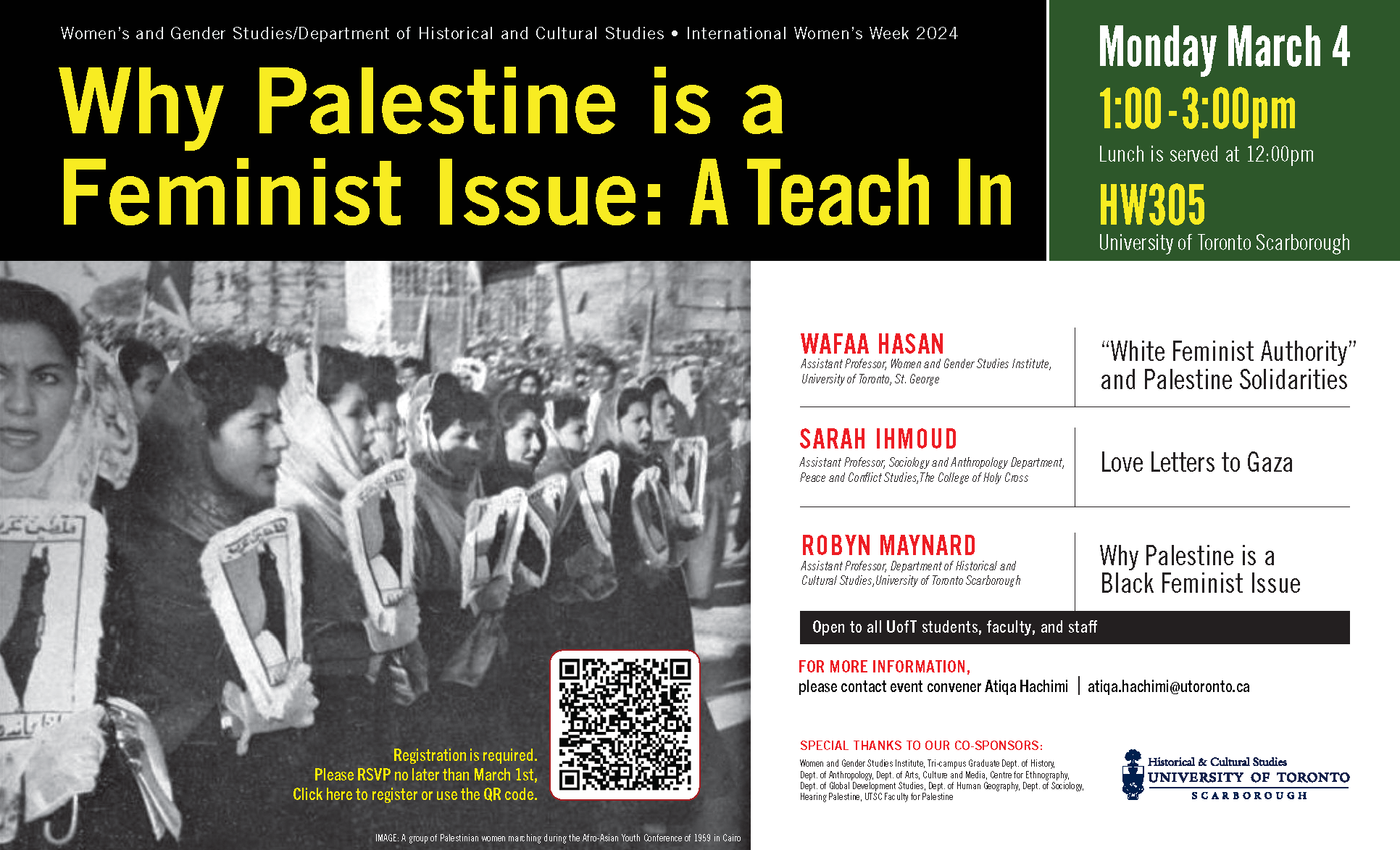 Poster for Why Palestine is a Feminist Issue Teach In event which includes the speaker and talk titles, date, time and location