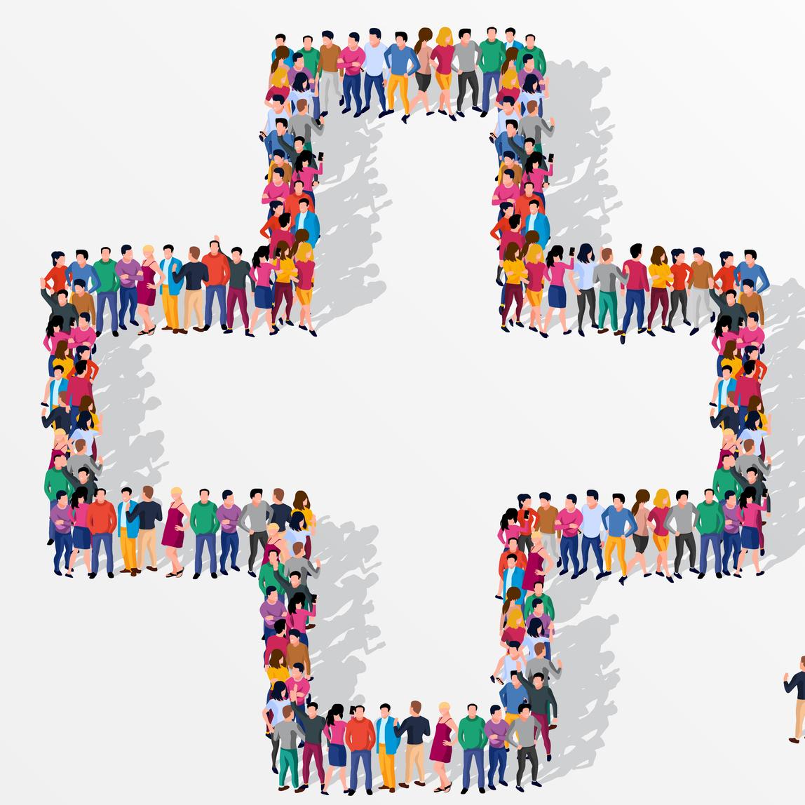 Illustration of a large group of people forming a health symbol