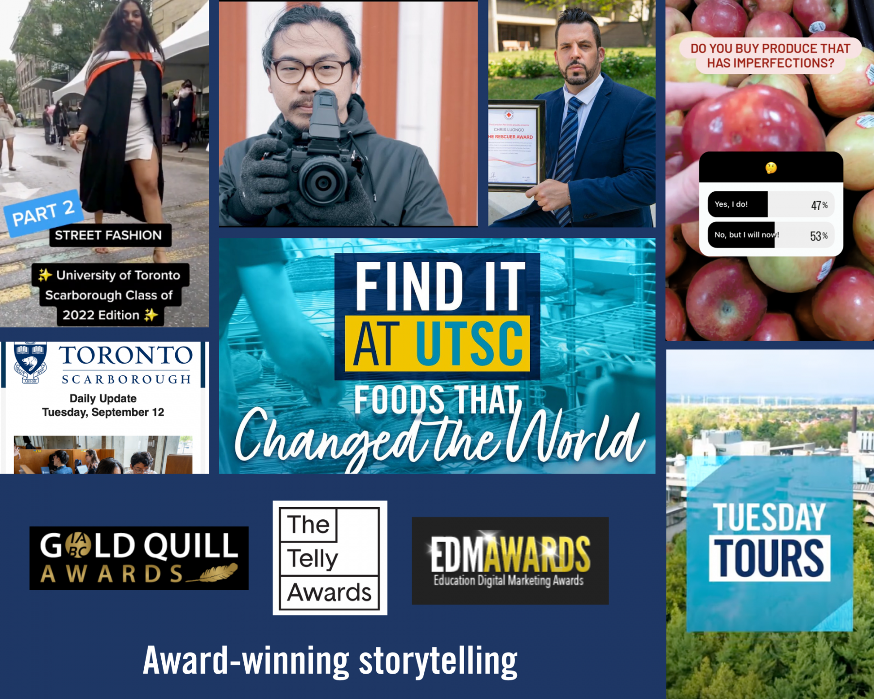 Collage - Award winning storytelling with logos of IABC Gold Quill awards, The Telly Awards, EDM awards, and images of street convocation fashion, Find it at UTSC video series, images from news stories, Daily Update header