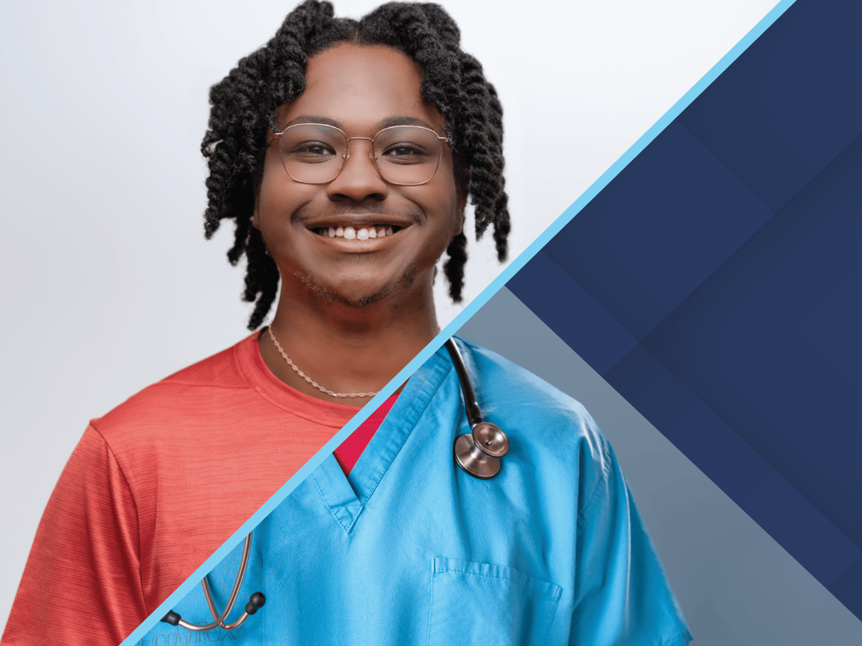 Student smiling, intersected by a diagonal line, top half in street wear, bottom half in scrubs