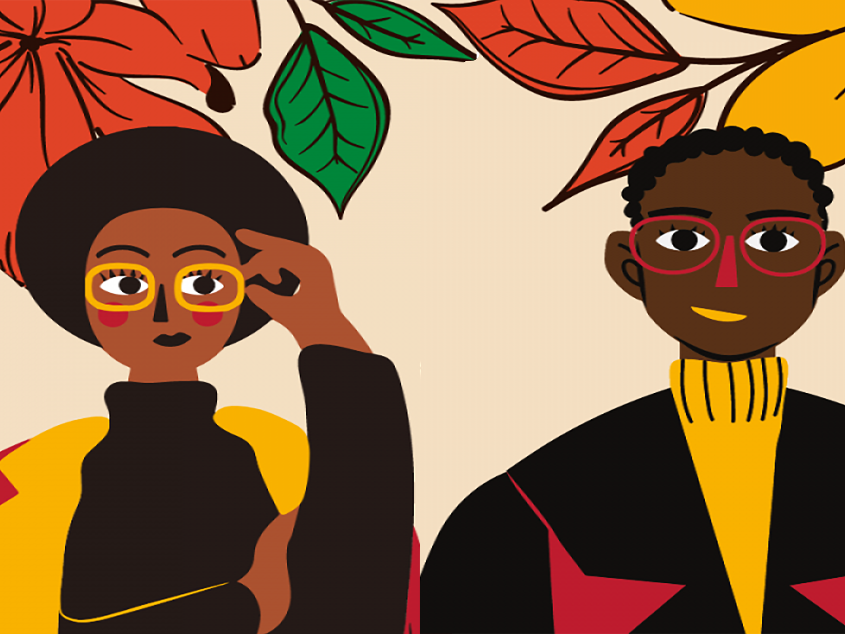 Illustration with a Black woman and a Black man, with red, green, and yellow leaves behind