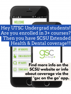 Health & dental coverage for UTSC Undergrad students with 2 phones in the background