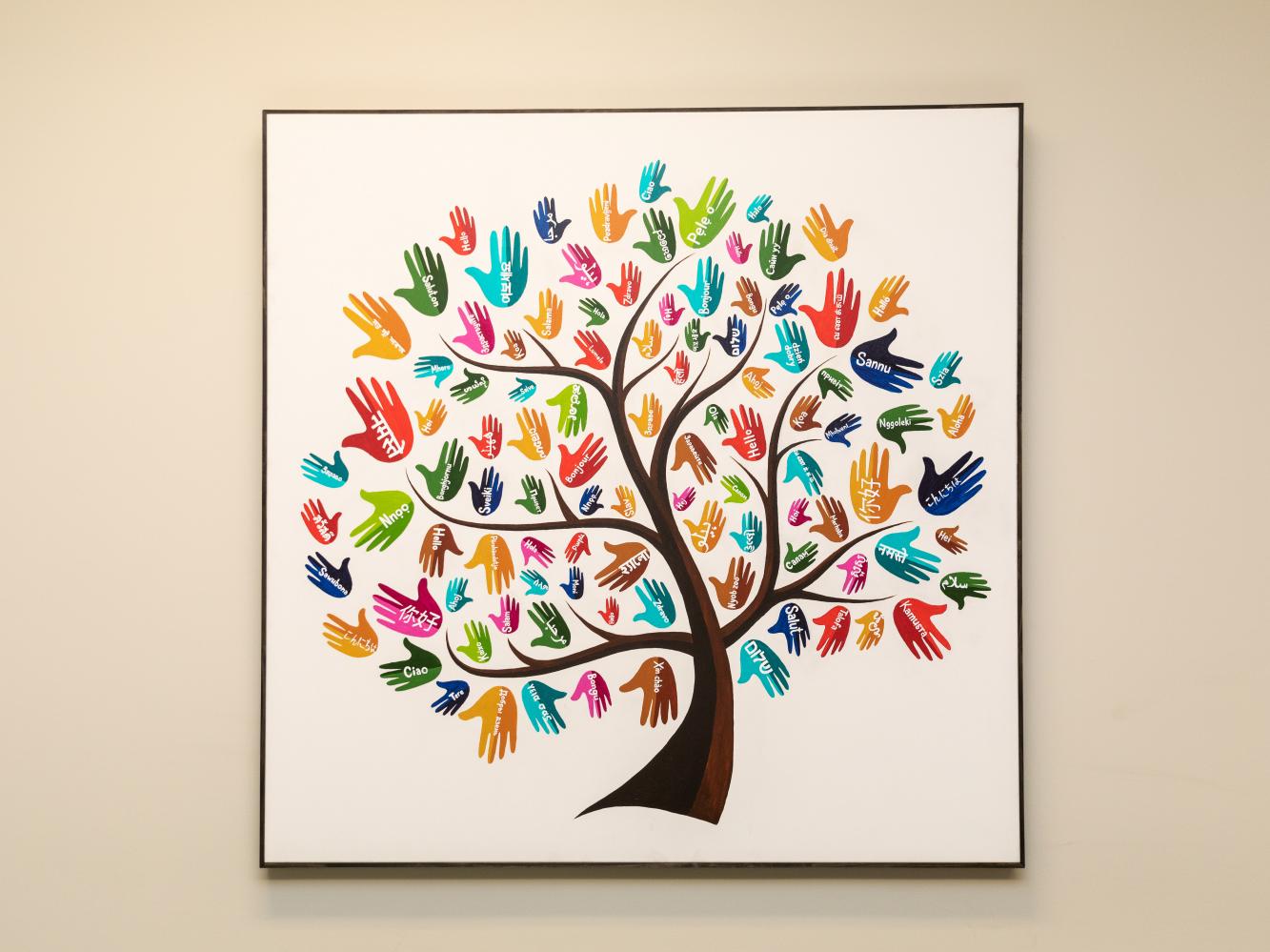 Painting of tree with the word "hello" in various languages as leaves