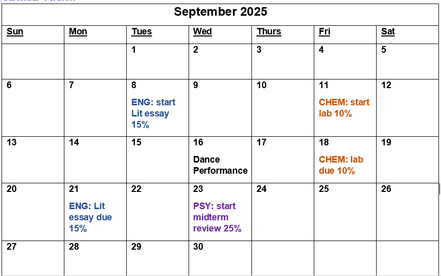 Month calendar with activites written in such as Sept 8 "ENG: start Lit essay 15%"
