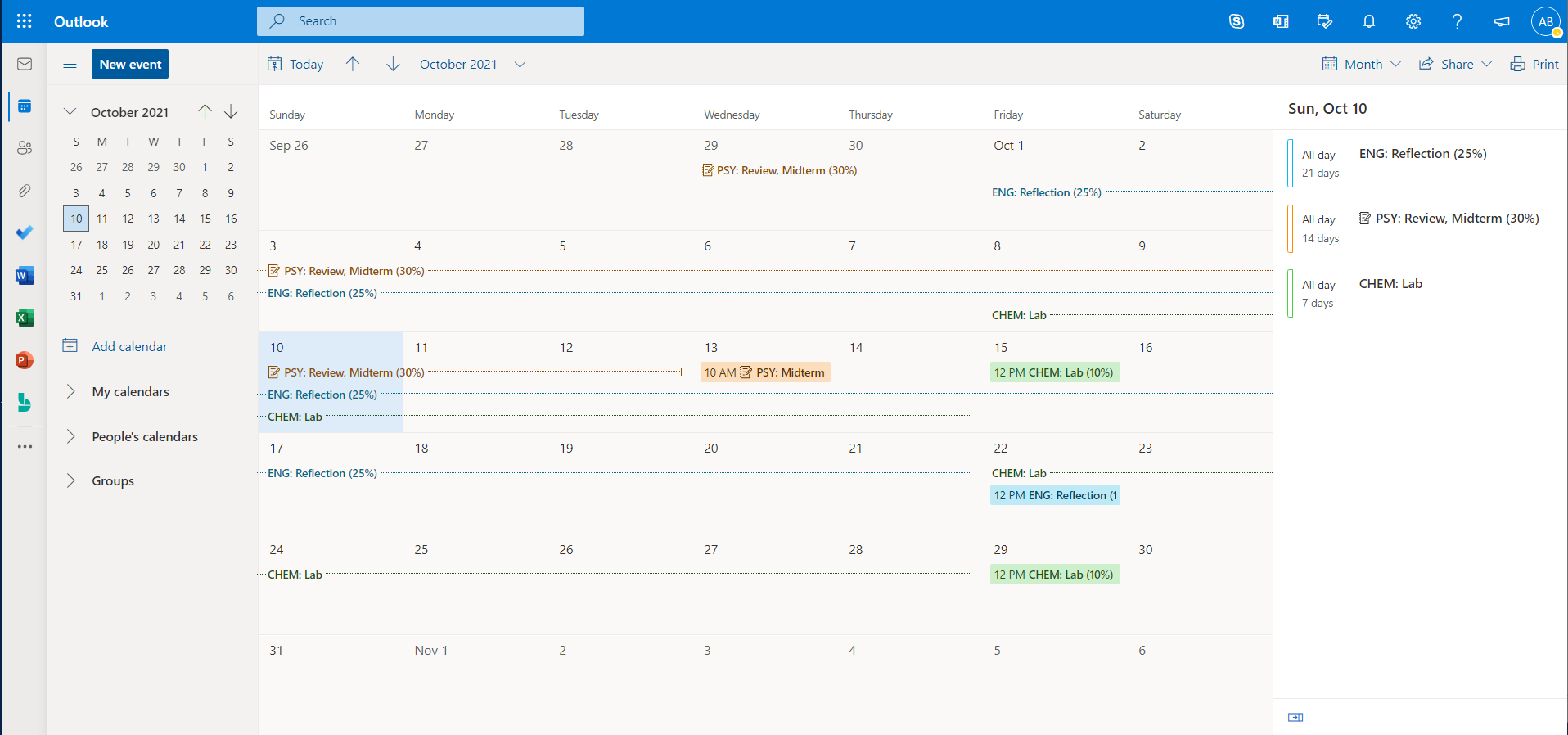 Outlook web calendar - month view with daily breakdown by the hour on right column
