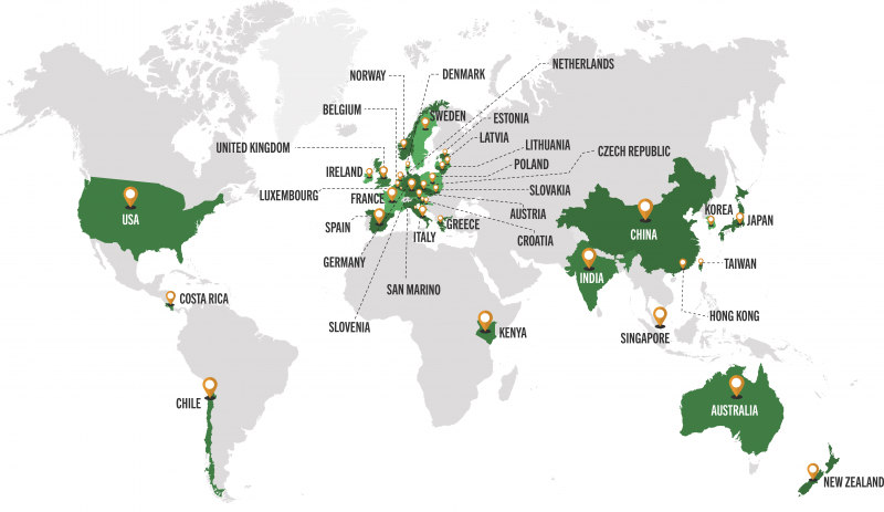 World map showing countries where Management Co-op students have worked