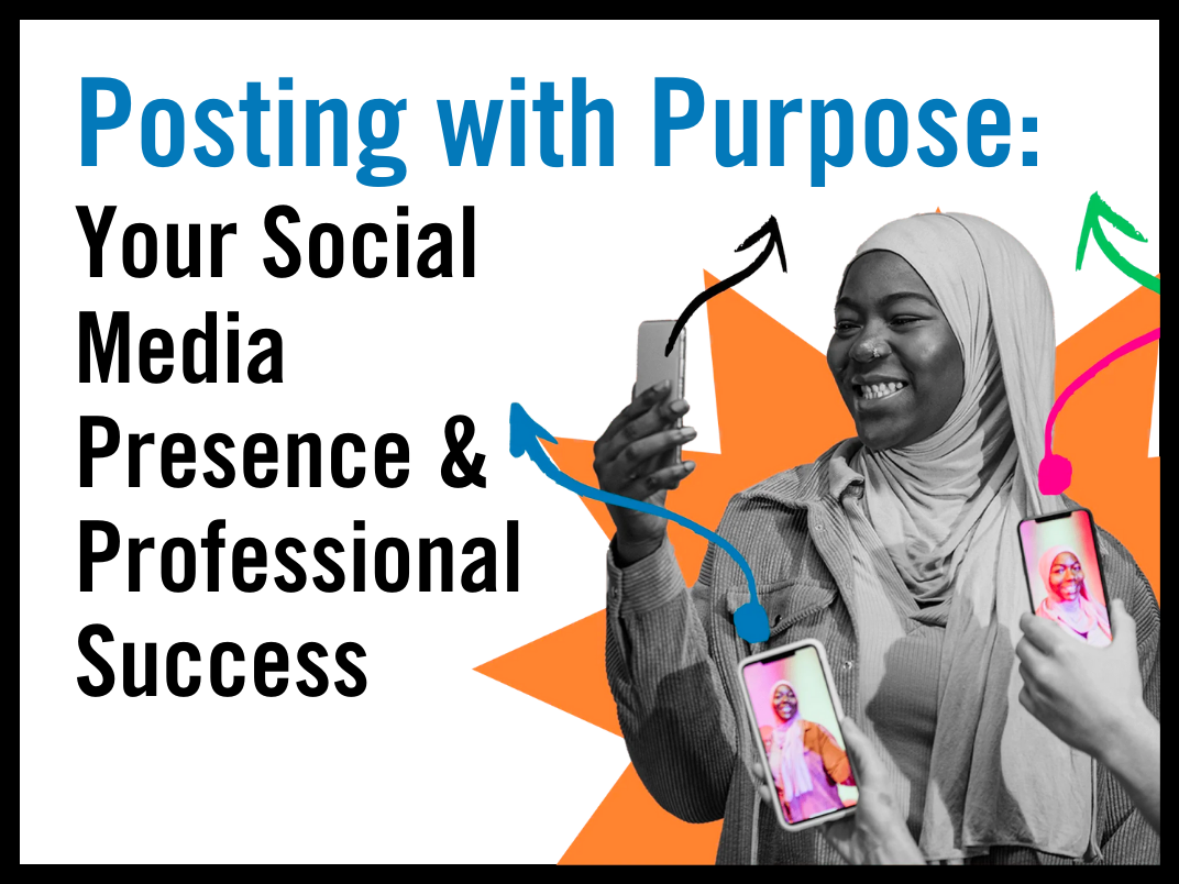Posting with Purpose event poster depicting a young women with surrounded by social media icons and a delighted expression on her face.