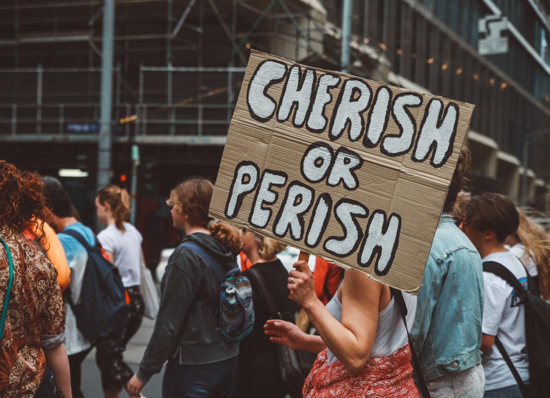A protestor with a sign reading "Cherish or Perish"