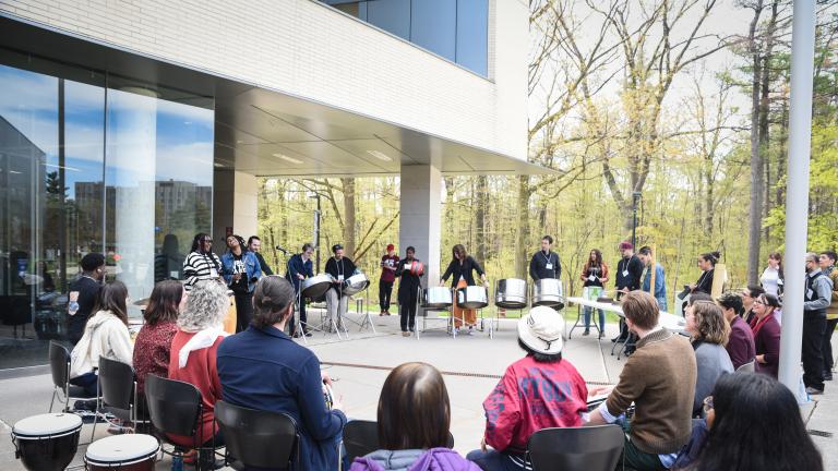 Students, staff and faculty play drums outside UTSC at a SoundLife Scarborough event