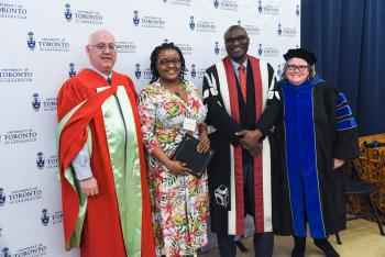 TYP@UTSC Graduate poses with Dean Bill Gough, Principal Wisdom Tettey and Dr. Kathy Liddle