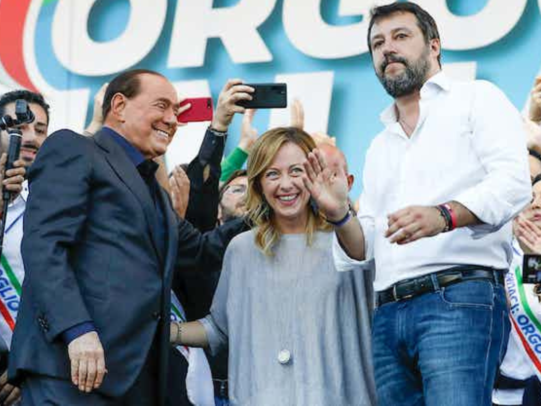From left, Silvio Berlusconi, Giorgia Meloni and Matteo Salvini address a rally in Rome in 2019. Meloni’s Fratelli d'Italia (Brothers of Italy) party, with neo-fascist roots, has been rising rapidly in popularity ahead of Italy’s Sept. 25 parliamentary elections. 