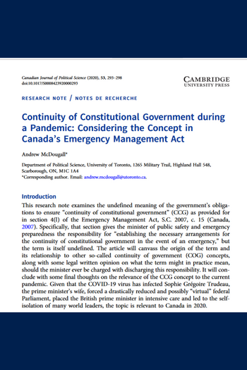 Continuity of Constitutional Government during a Pandemic: Considering the Concept in Canada's Emergency Management Act