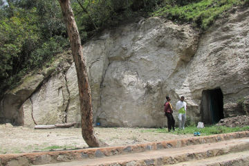 Cliff face to the north of the entrance portal showing the amount of rock removed to extend the courtyard eastwards.