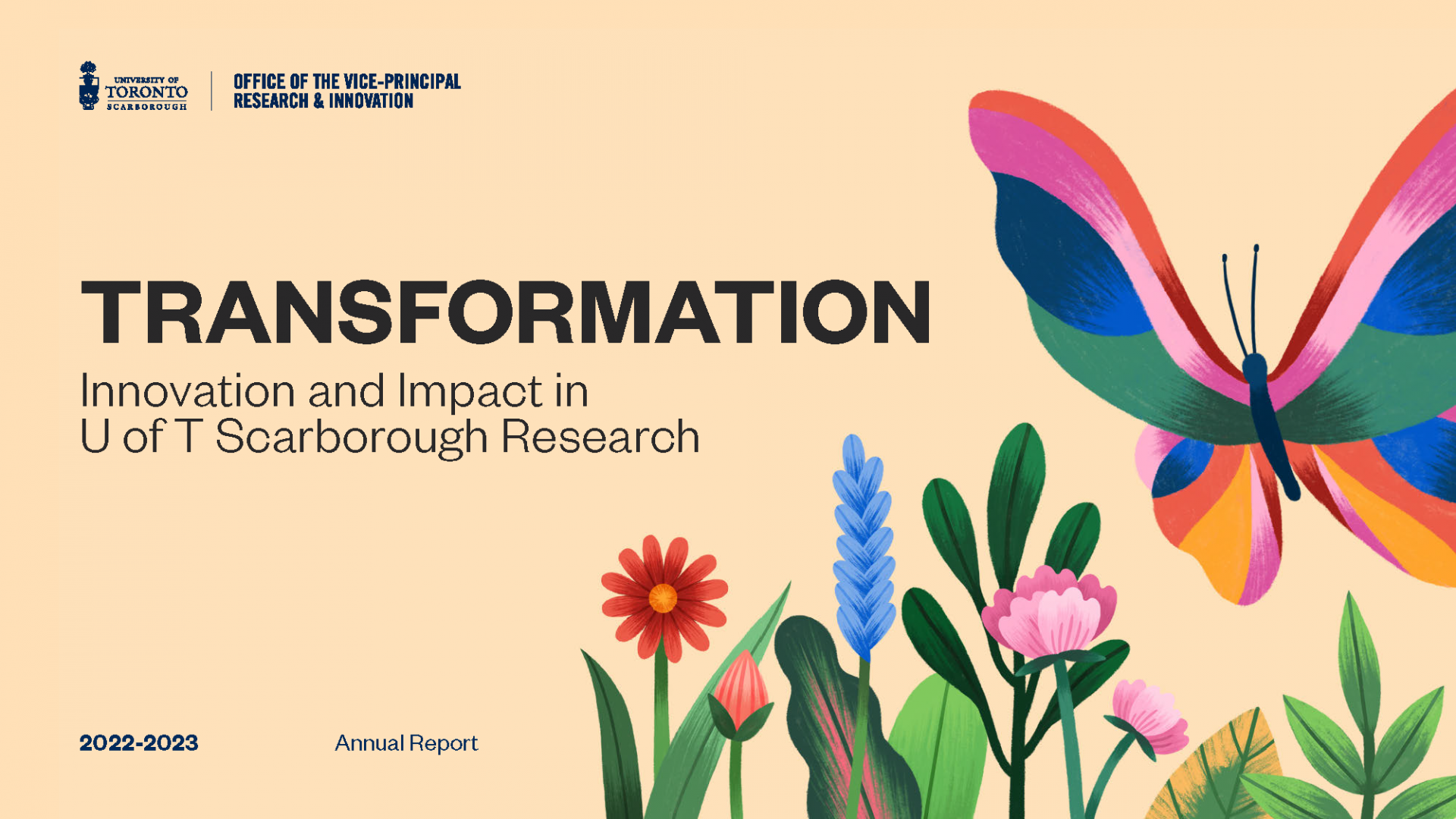 Cover of the 2022-2023 OVPRI Annual Report includes illustrations of flowers and a butterfly.