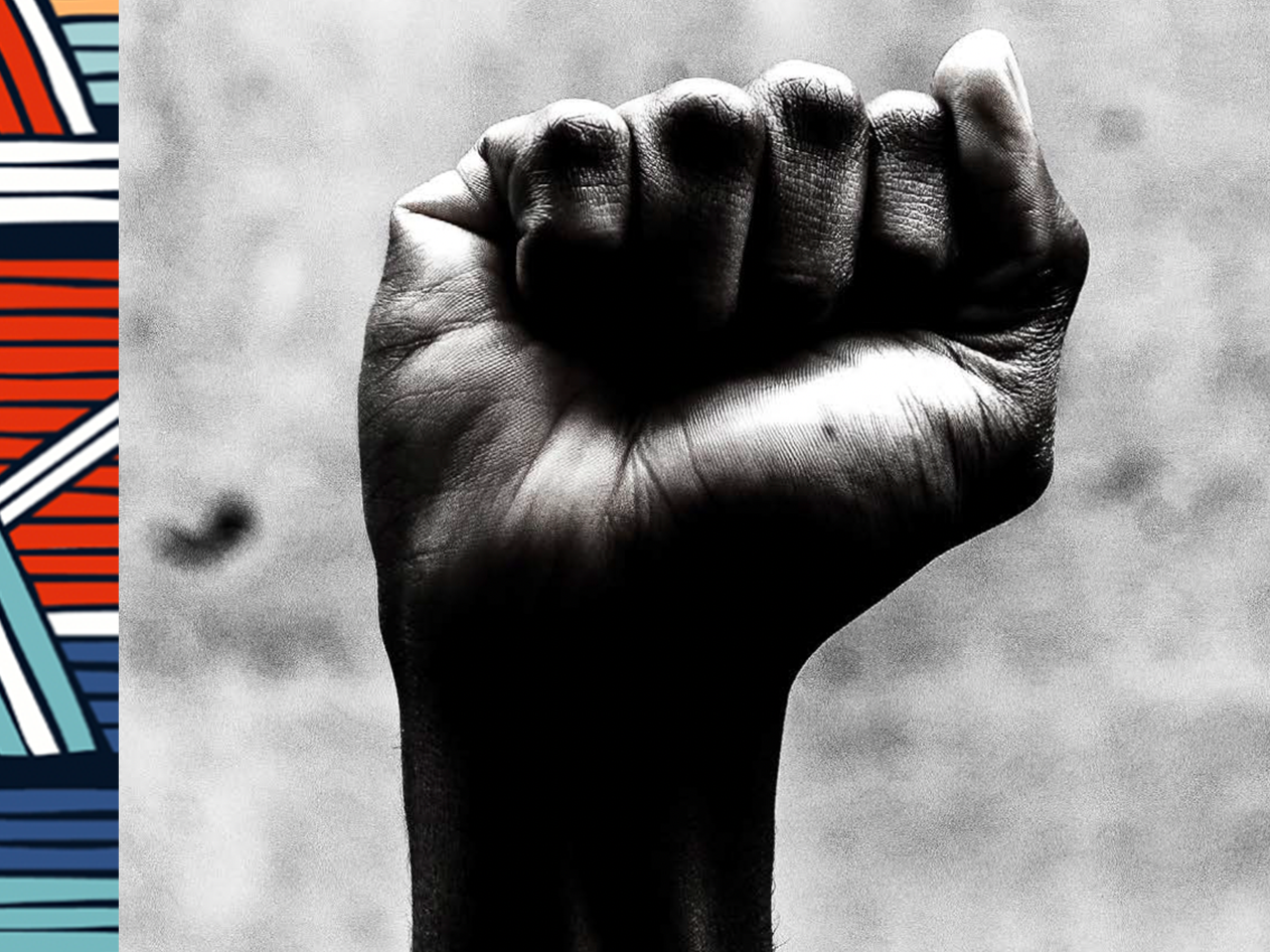 A Black fist raised triumphantly, palm forward, with graphic element on the side