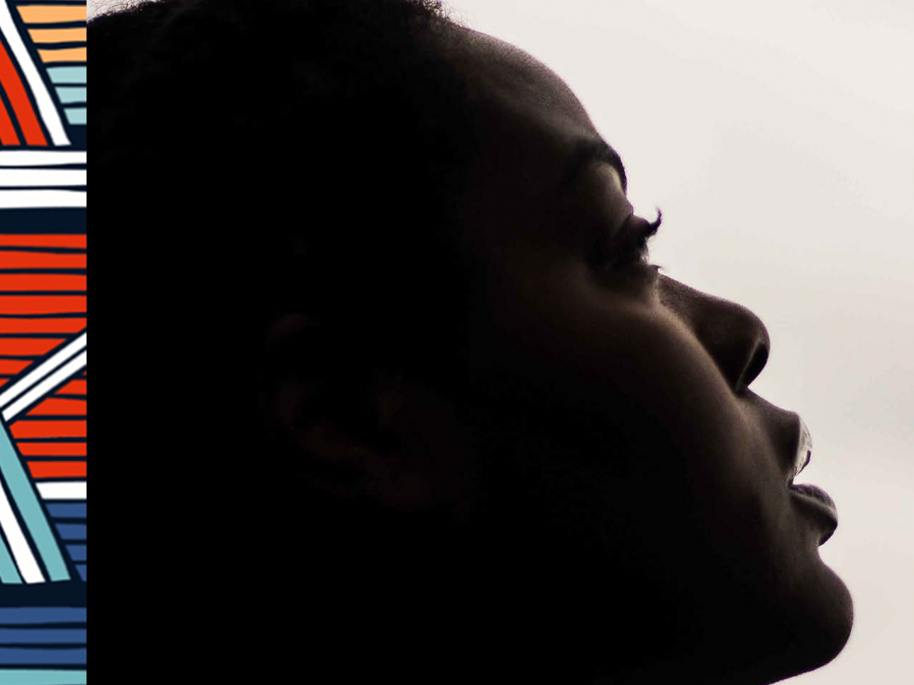 A Black woman in profile with a graphic element down the side