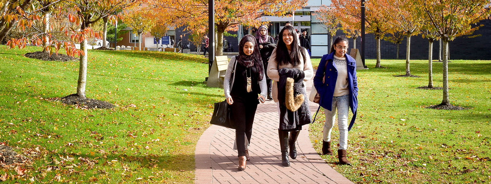 U of T Scarborough students walking outside on campus in the fall