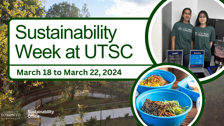 Sustainability Week at UTSC title with picture of two female students standing in front of waste receptacle