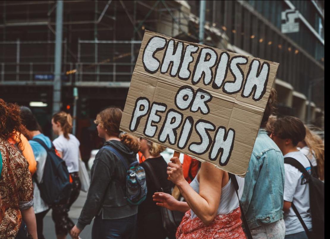 A protester holding a sign that says "Cherish or perish"