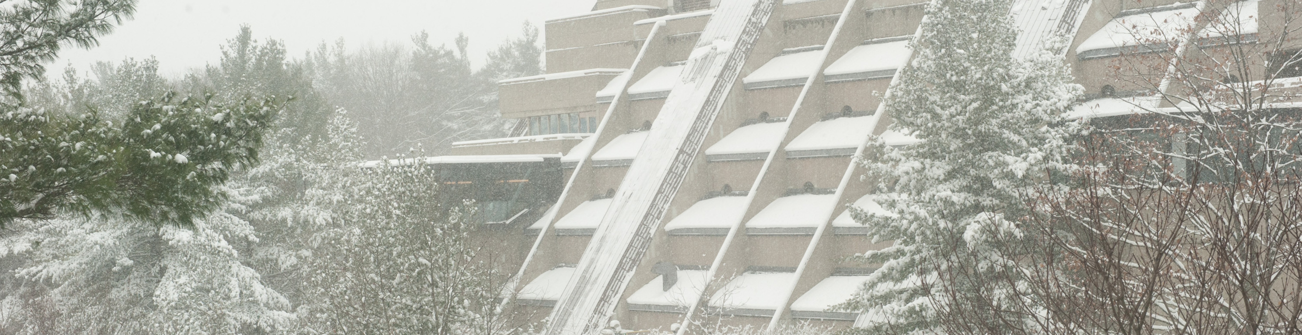 A wide shot of UTSC campus in the snow