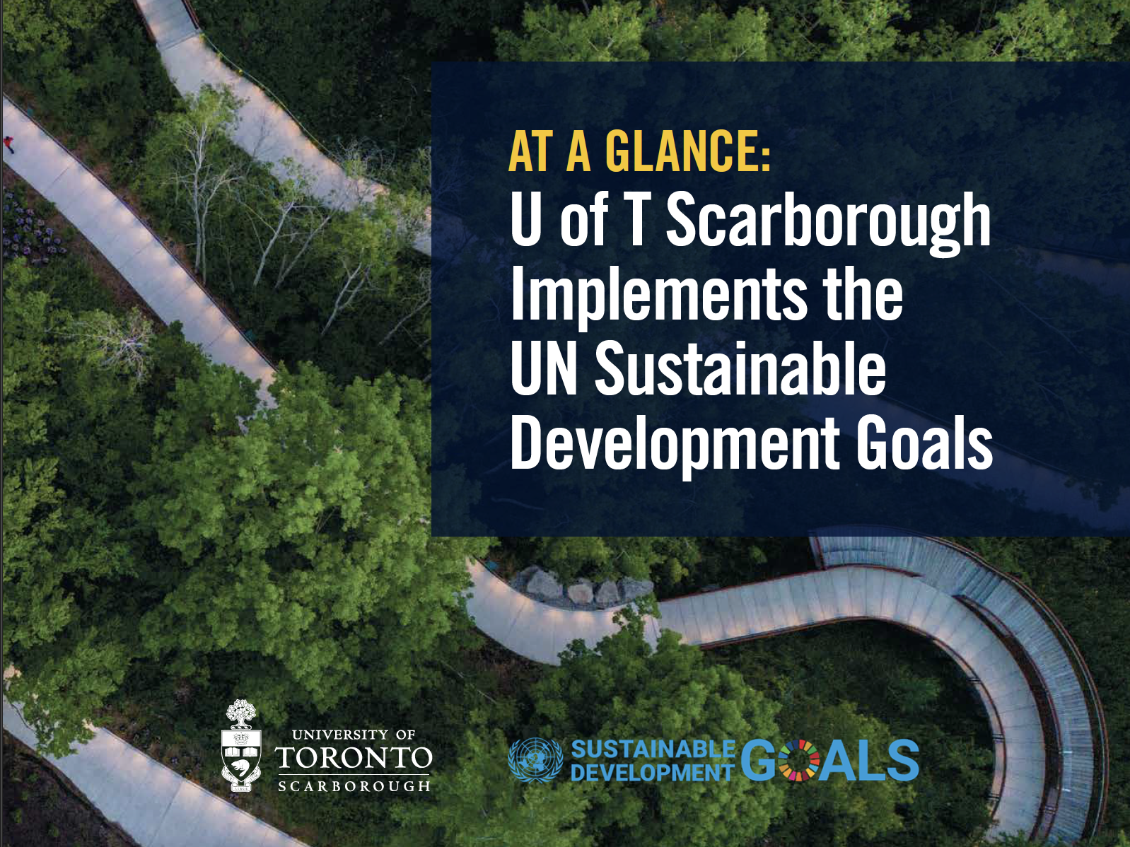 An overhead picture of the Valley Land Trail, with the text "At a Glance: U of T Scarborough Implements the UN Sustainable Development Goals"
