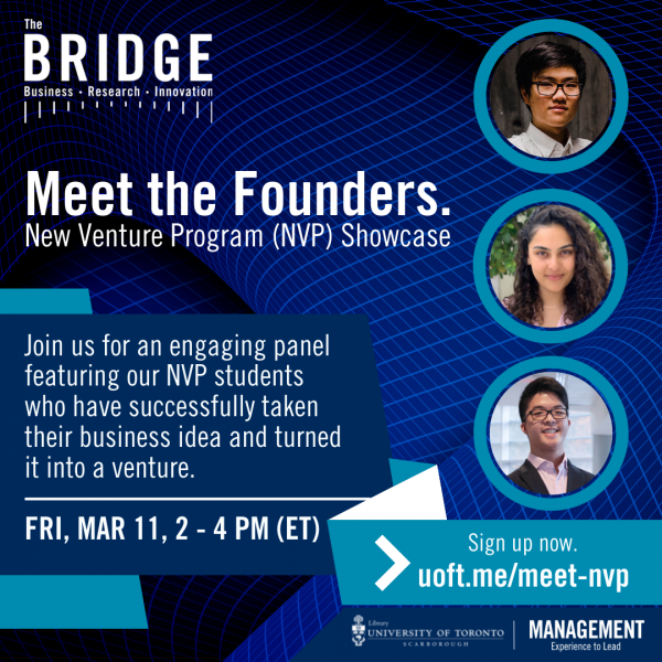 NVP Showcase Meet the Founders poster, with event details and portraits of the panelists