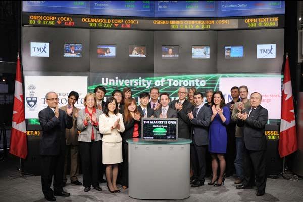 group of students and faculty opening the market at the toronto stock market