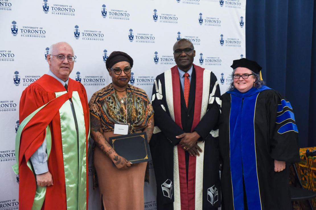 Anya Nicola Henry accepts her certificate of completion with Professor William Gough (left), Principal Wisdom Tettey (second right) and Professor Kathy Liddle (far right), director of TYP@UTSC