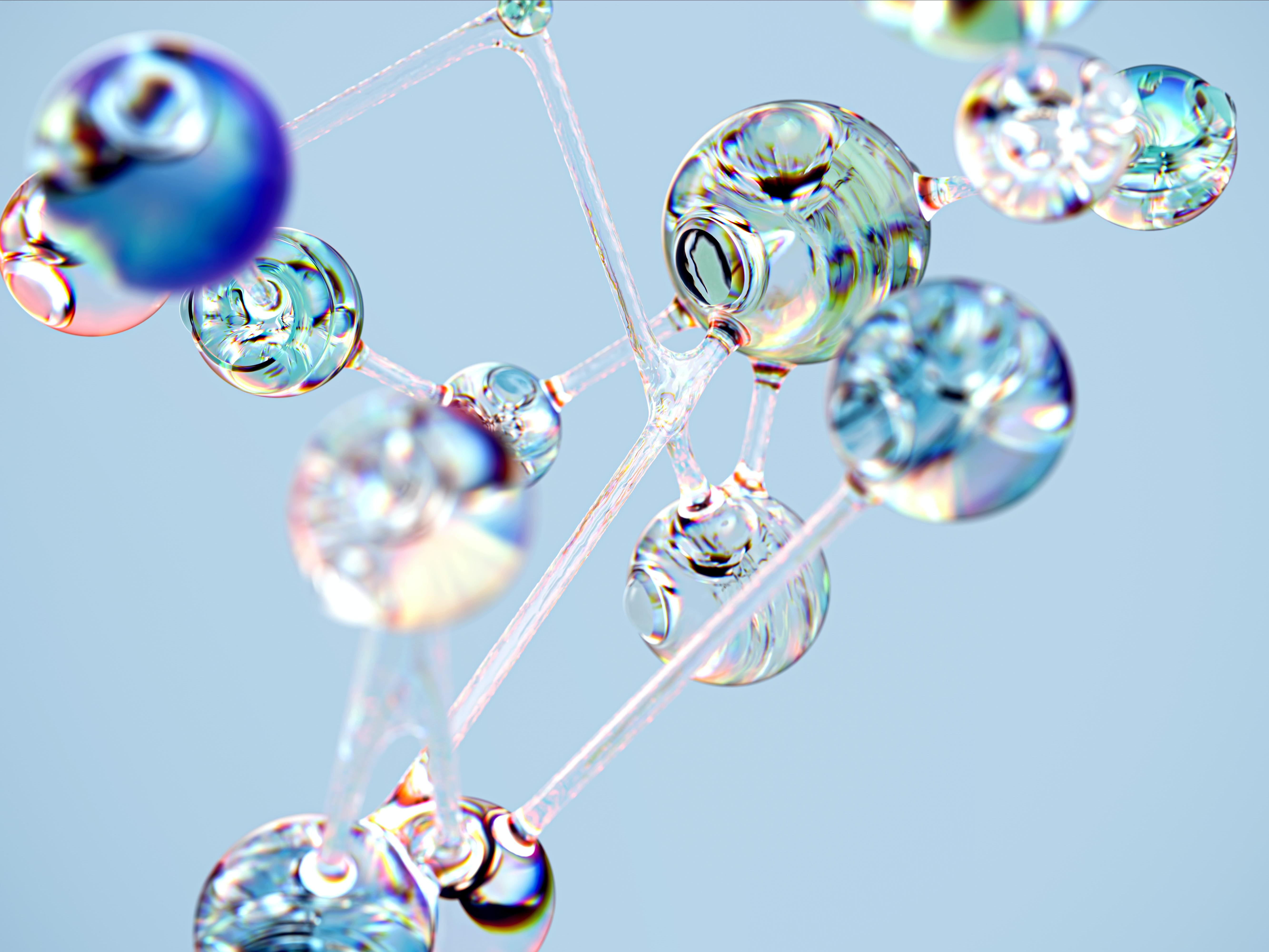 glass ornaments forming the shape of a molecule