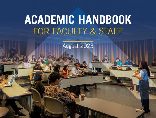 A cover image for the Academic Handbook (2023), featuring a lecturer addressing students in a UTSC classroom.